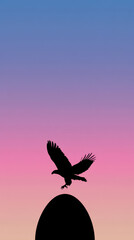 Obraz premium Silhouette of eagle flying over egg against colorful gradient sky, evoking sense of freedom and nature beauty