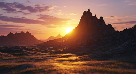 Naklejka premium Golden hour over rugged mountain landscape, Sun setting behind a range of jagged peaks, casting warm light across a vast terrain