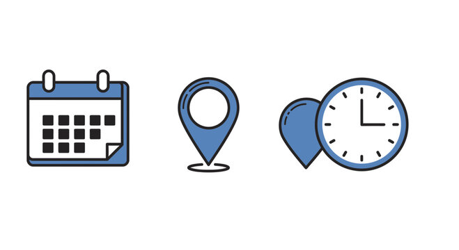 Scheduling and Location Management Icons: Calendar, Map Pin, and Clock Arrangement