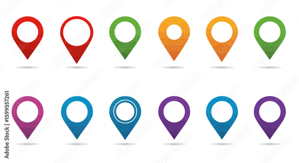 Poster various location pin vector illustrations in multiple colors on a white background