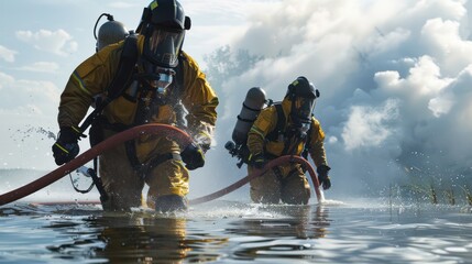 Two figures in protective gear wade through flooded water with smoke billowing behind