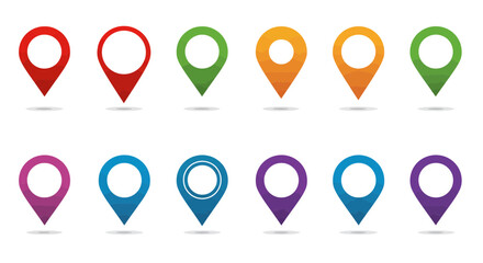 Various location pin vector illustrations in multiple colors on a white background
