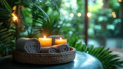 Spa setting with lit candles and abundant greenery, promoting relaxation and wellness
