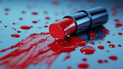 Spilled red nail polish and lipstick on surface, vibrant cosmetic mess for beauty ad, lifestyle or editorial concept