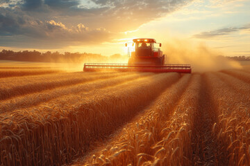 Fototapeta premium Combine harvesting wheat at sunset in a vast field.