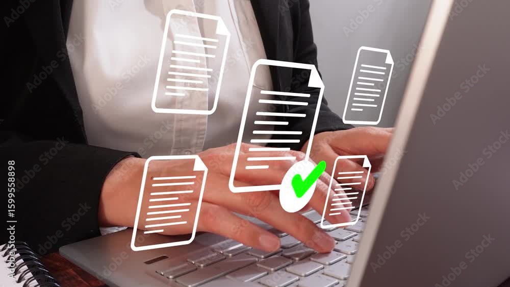 Poster businesswoman working at a computer with animated document icons and a check mark. verified work con
