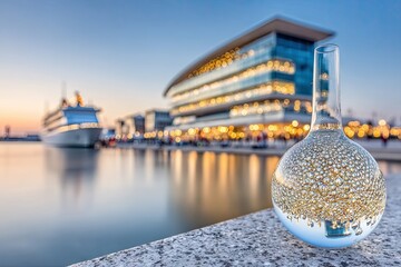 Beaker with beads, waterfront, modern building