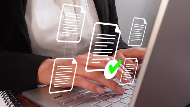 Businesswoman working at a computer with animated document icons and a check mark. Verified work concept.