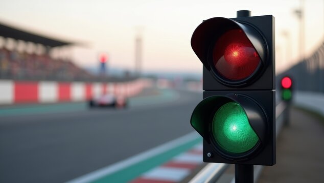 Red and green traffic lights signal safety on a busy city street.  Motorsports competition, car event. Automotive industry photo. Drive fast, adrenaline, race driving, car racing.