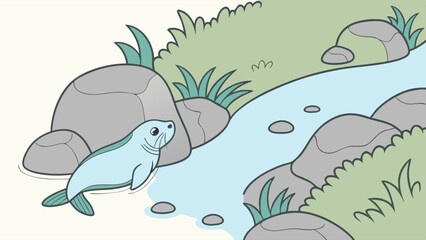 Fototapeta premium Cartoon Seal Emerging from Rock Cave by a Stream Illustration.
