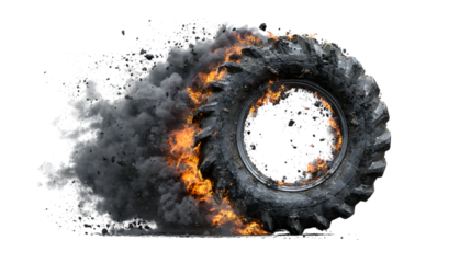 Dramatic Tractor Tire Engulfed in Flames and Smoke on Transparent Background for Dynamic Designs