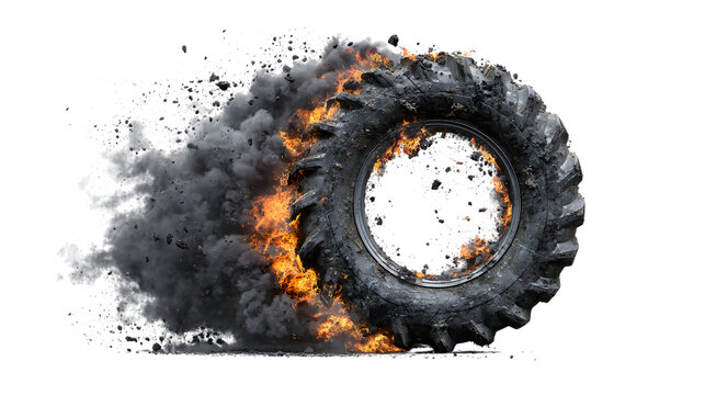 Dramatic Tractor Tire Engulfed in Flames and Smoke on Transparent Background for Dynamic Designs