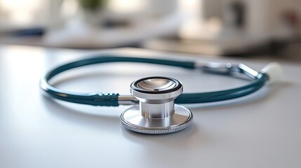Stethoscope lying on medical examination table with white background, healthcare and diagnostic tool concept