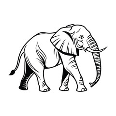 Fototapeta premium A striking black and white illustration of an African elephant in a bold silhouette style, captured mid-stride