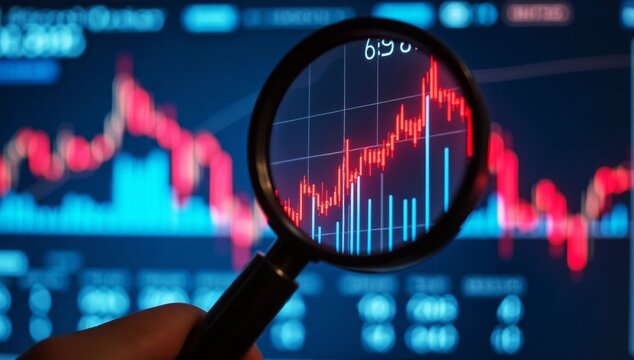 Conceptual financial analysis with a magnifying glass focusing on a heart-shaped stock market chart