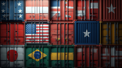 Fototapeta premium Shipping containers painted with various national flags symbolize global trade and international cooperation. vibrant colors and diverse flags highlight interconnectedness of economies worldwide