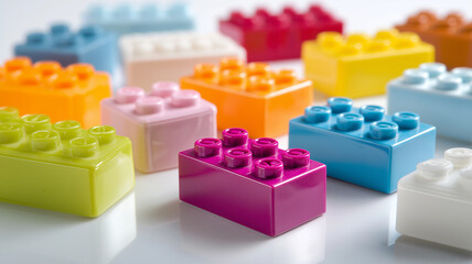 Fototapeta premium Colorful plastic building blocks are scattered reflective surface, showcasing variety of vibrant hues including pink, yellow, blue, and green. blocks are arranged playful manner, evoking