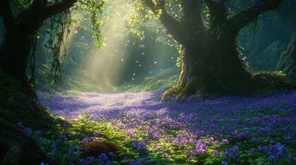 Lush, vibrant forest glade bathed in sunlight.