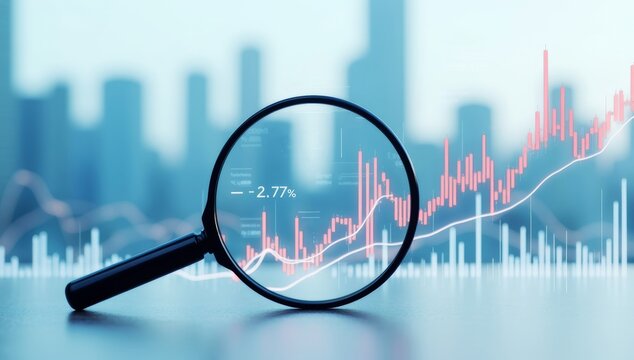 Magnifying glass on financial data charts for business research