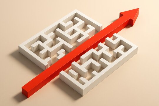 Navigating the Crossroads: A vibrant red arrow boldly cuts through a maze, symbolizing strategic problem-solving, directness, and confident decision-making.