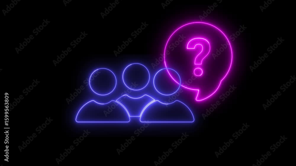 Poster neon light animation of a group of people icon with a thought bubble and question mark