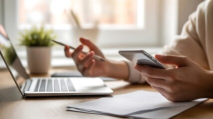 Fototapeta premium Woman using smartphone while working on laptop at home office desk