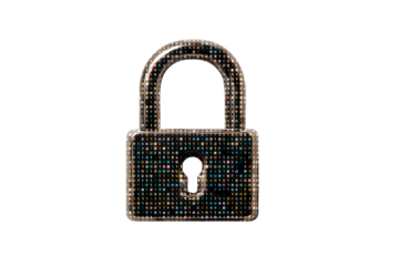  Flat Minimalist Digital Lock Icon with Pixelated Edges and Binary Overlay, Top-Down View, Isolated on Transparent Background PNG