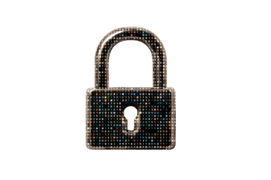  Flat Minimalist Digital Lock Icon with Pixelated Edges and Binary Overlay, Top-Down View, Isolated on Transparent Background PNG
