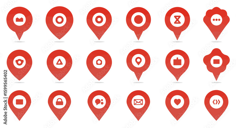 Poster collection of red map pointer icons with social media and location symbols