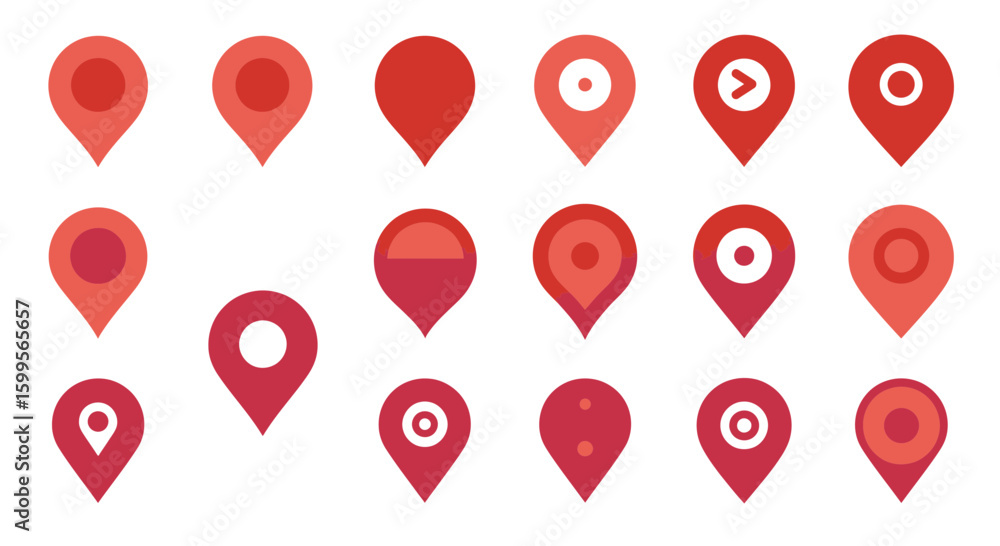 Poster diverse collection of red map pointer icons on white background for design use