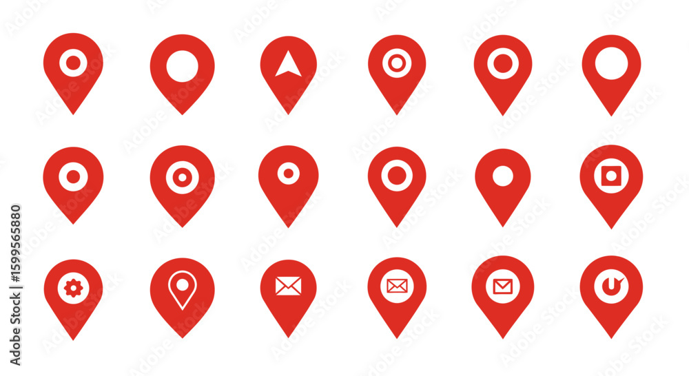 Poster red location pin icons set, vector map pointers symbols for navigation, location marks