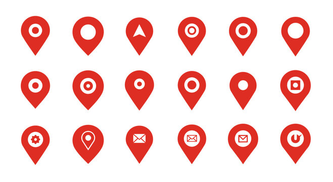 Red location pin icons set, vector map pointers symbols for navigation, location marks