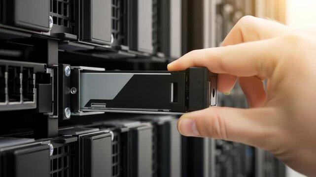 Close-up of person installing network server module in a data center for data storage and technology.