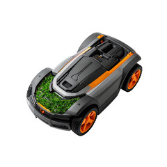 Modern gray robotic lawn mower with grass filling on transparent background