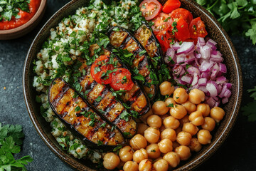 Bowl of chick salad with chick and chick chick.