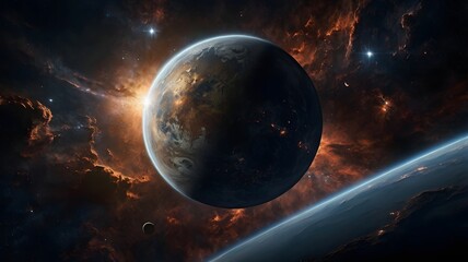 Obraz premium Earth from Space with Bright Sunlight and Surrounding Nebula in Deep Space