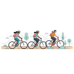 Fototapeta premium Three children cycling along a path through a landscape, enjoying a day outdoors.