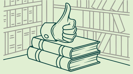 Thumbs Up Gesture on Stack of Books in Library Setting.
