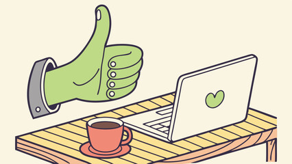 Thumbs Up Laptop and Coffee A Digital Workplace Scene.