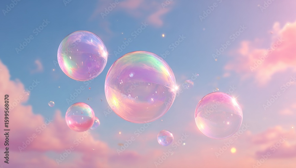 Poster multicolored soap bubbles float in a pastel sky.