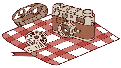 Vintage Camera Film Reel and Leather Strap on Gingham Blanket.