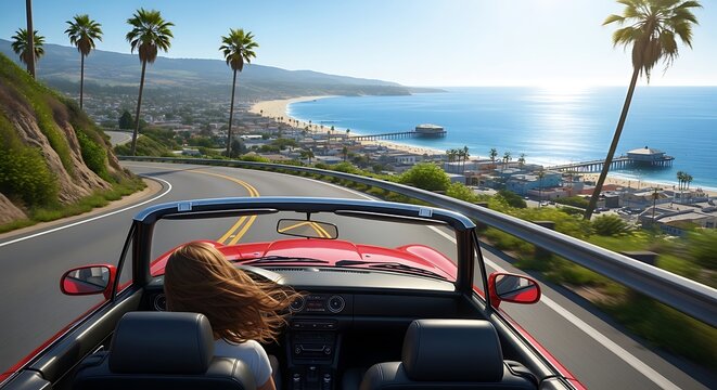 Red convertible cruising along the scenic Pacific Coast Highway, A woman enjoying the freedom of the open road on a California adventure