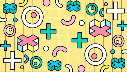 Pastel geometric pattern on a yellow grid. Suitable for backgrounds, invitations, packaging design, textiles, and stationery with a modern aesthetic.