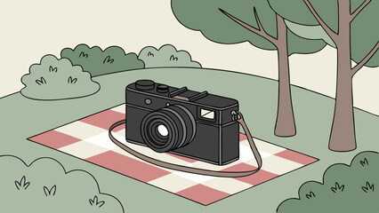 Vintage Camera on Picnic Blanket in Park Setting 1.