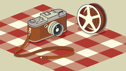 Vintage Camera and Film Reel on Gingham Cloth.