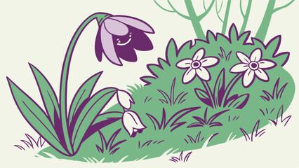 Whimsical Illustration of Smiling Flower and Garden Scene.