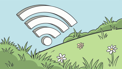 Wifi Symbol Over Idyllic Green Meadow Landscape.