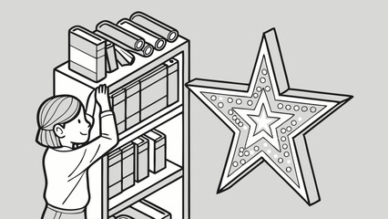 Woman Arranging Books on Shelves with a Decorative Star.