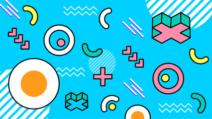 Vibrant 80s geometric shapes. Perfect for retro themed designs, backgrounds, and advertising campaigns needing a bold, colorful aesthetic. Ideal for creative projects.