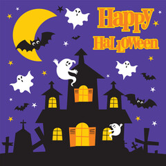 Spooky Halloween Scene with Haunted House, Ghosts, Bats, and Moon